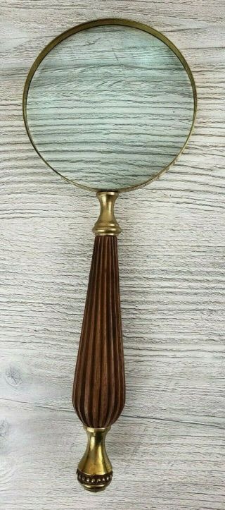Antique Vintage Brass Magnifier Glass Lense With Wooden Handle