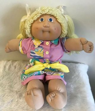 Vintage Cabbage Patch Kid Cpk Girl Doll 16” 1983 Lemon Yellow Hair Blue Eyes