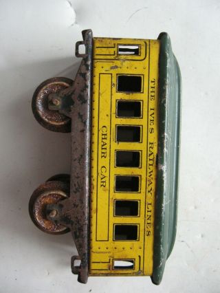 Ives Chair Car Un - Numbered 4 Wheel Train Car In Rare Yellow Green Roof