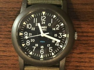 Vintage Timex Military 24 Hour Quartz Field Watch Brown/green Black Dial Rare