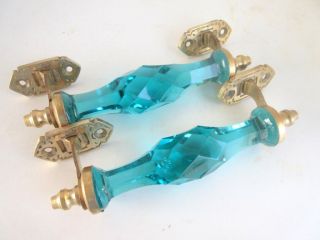 Vintage Look Brass Blue Victorian Cut Glass Carved Push Pull Drawer Door Handles