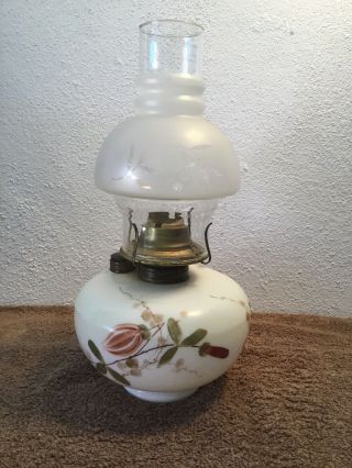 Antique Milk Glass Oil Lamp /w Designed Frosted Shade Hand Painted Flowers
