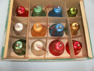 12 Vintage Metal Christmas Bell Ornaments 2 " 6 Rare Frosty Ice - Glo Wbox 6 Colors
