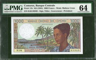 Comoros 1000 Franc P 11 Nd (1984) Pmg 64,  Rare