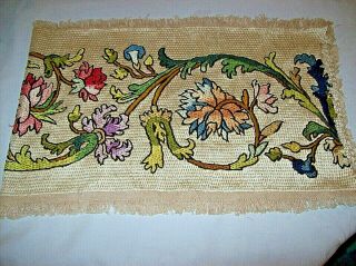 Lovely Antique Silk Crewel ? Work Embroidered Panel - Measures 37 " X 10.  5 " Approx