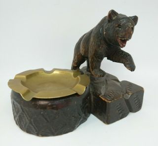 Antique Black Forest Carved Bear Ashtray & Brass Ashtray Plate