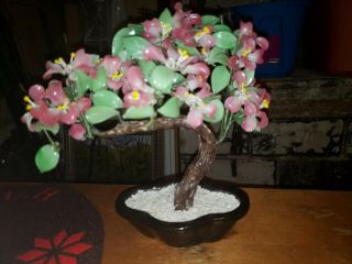 Vintage Glass Jade Bonsai Sakura Pink Flowers Blossom Tree Plant Jade Pot