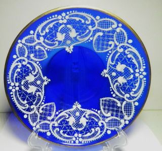 Vintage French Cobalt Blue Glass 6 " Plate - Handpainted White Enamel Scrolls