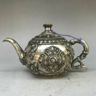 Exquisite Collect China Carving Fine Pattern Blossom Tibet Silver Flagon