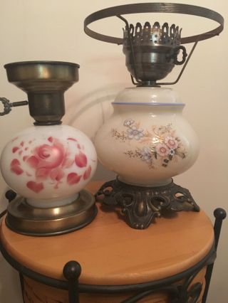 2 Small Vintage Hand Painted Floral Design Gone With Wind Glass Hurricane Lamps