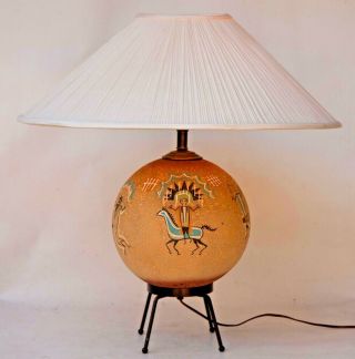 Rare Vintage Mcm Table Lamp Signed Tye California 1950 Abstract Native Indian
