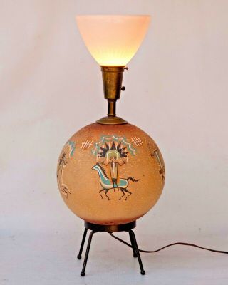 RARE VINTAGE MCM TABLE LAMP SIGNED TYE CALIFORNIA 1950 ABSTRACT NATIVE INDIAN 2