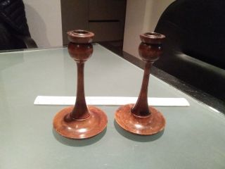Arts And Crafts Style Candle Sticks Turned Wood Dish Bases Lined Cups