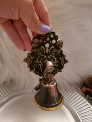 Vintage Solid Brass Wall Mount Door Bell W Pull Chain - Ornate - Angels/cherubs