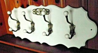 Vtg.  Victorian Wood Coat Rack 4 - Double Brass Hooks W/porcelain Knobs - Gorgeous