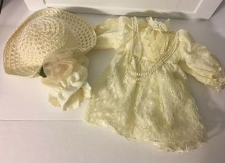 Vintage Doll Dress Cream Lace W/ Bonnet & String Of Pearls 16 "