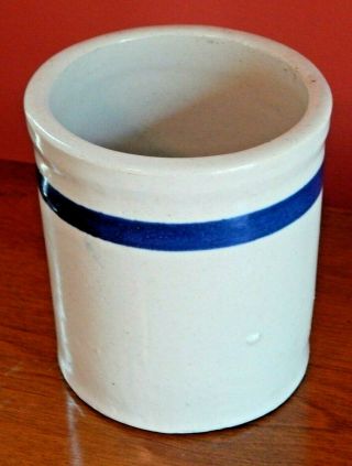 Small Antique Glazed Stoneware Pottery Crock Blue Stripe 5 " Tall Vgc