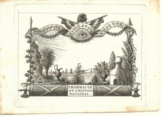 Rare French Revolution Era Engraved Book Plate " Pharmacie De Hospice National "