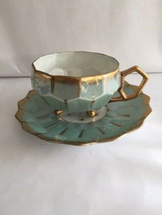 Vintage Royal Sealy China Japan Footed Tea Cup & Saucer Green Gold Iridescent