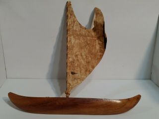 Vintage Model 13 1/2 " Wooden Pond Sail Boat With Raw Hide Sail Handmade