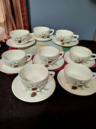 Antique French Saxon Pine Cone China 8 Cups & 8 Saucers