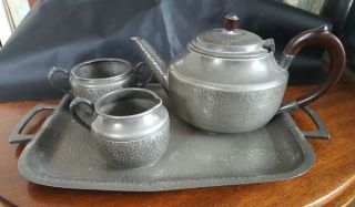 Rare T W Ward Antique Arts And Crafts Hand Beaten Pewter Tea Set And Tray