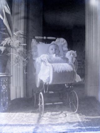 Antique Glass Plate Photograph Negative - Victorian Baby In Wicker Carriage