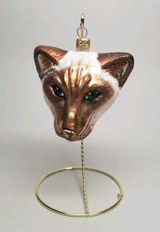 Slavic Treasures Siamese Cat Head Christmas Ornament Blown Glass Poland Rare