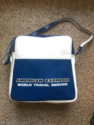 Vtg American Express Vinyl Carry On Bag Travel Weekender Rare Blue White Zipper