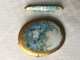 2 Antique Victorian Hand Painted Enamel Porcelain Brooch Pins