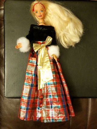 Vtg Blonde Barbie Mattel 1966 Christmas Dress/gown Velvet Plaid Red Gold