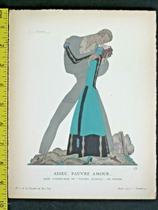 Gazette Du Bon Ton,  Art Deco Pochoir Print,  G.  Lepape,  Adieu,  Pauvre Amour. ,  1921