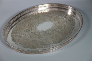 Vintage Chased Sheffield Silver Plate Oval Pierced Gallery Tray