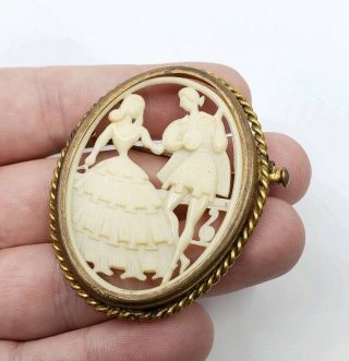 Antique French Celluloid Courting Couple Cameo Brooch Pin Depose? Trombone