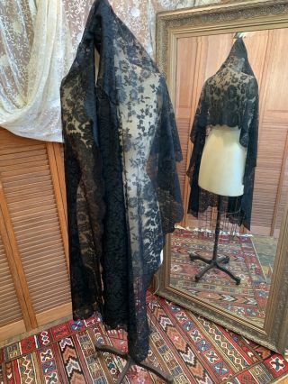 Antique Victorian Black Lace Shawl Mantilla Mourning 27 X 58