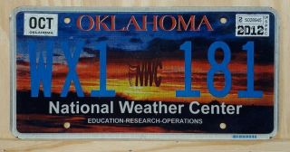 Oklahoma " National Weather Center " License Plate (very Rare)