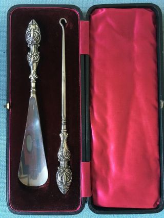 Antique Victorian Solid Silver Mounted Button Hook & Shoe Horn Birmingham 1901
