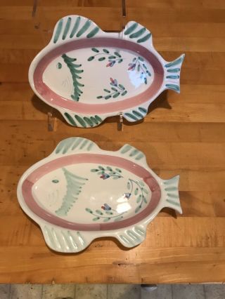 Caleca Pink Garland Hand Painted Italian Pottery Rare 10” Fish Plates Set Of 2