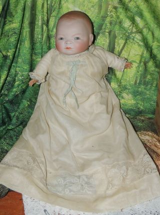 Vtg Grace S Putnam Bye Lo Baby Doll Bisque Head Cloth Body Christening Gown 14 "