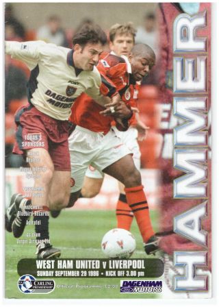 West Ham United V Liverpool Rare Official Match Day Programme 29.  09.  96