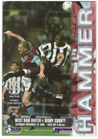 West Ham United V Derby County Rare Official Match Day Programme 23.  11.  96