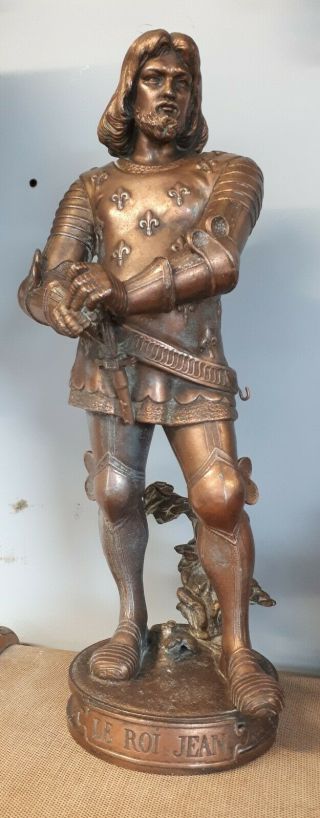 A Large 17 " High Antique Spelter/bronzed Figure Of A Knight Le Roi Jean