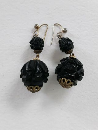 Antique Victorian Rose Carved Whitby Jet Earrings