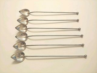 6 Sterling Silver Heart Shaped Ice Tea Julep Straw Spoons 8” Hallmarked