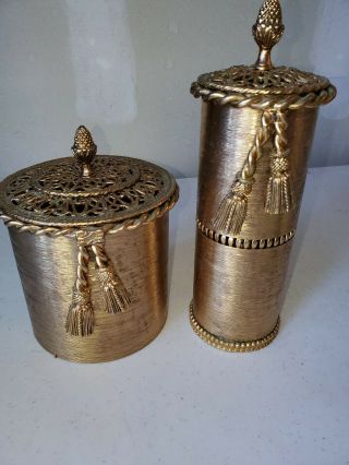 Vintage Metal Filigree Toilet Paper Roll Cover And Air Freshener Can With Crown