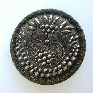 Large Victorian Lacy Black Glass Button In Metal 3 Part Wire Shank Japanned Back