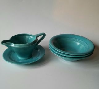 Vintage Homer Laughlin Harlequin Turquoise Blue Creamer Bowls And Saucer