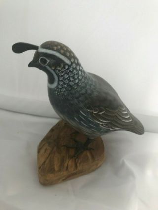 Rare 5 " California Quail Wood Bird Statue Hand Carved Signed On Base Detail Legs