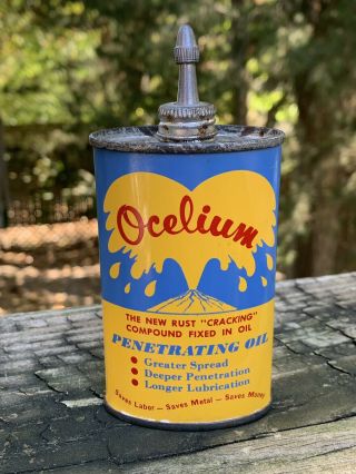 Rare Vintage Ocelium Penetrating Oil Lead Top Handy 4 Oz Metal Oil Can Gas Sign