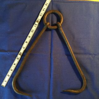 Antique Hand Forged Horse Logging Hooks / Tongs : 12 " Hooks / 3 " Ring